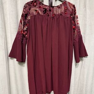 Umgee Maroon Floral Mini Dress with Bell Sleeves